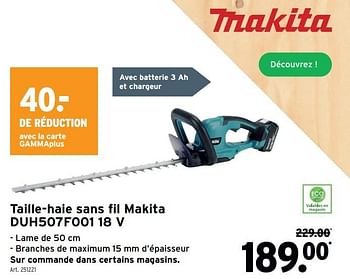 Promoties Taille-haie sans fil makita duh507f001 18 v - Makita - Geldig van 24/04/2024 tot 30/04/2024 bij Gamma