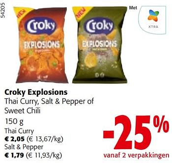 Promotions Croky explosions thai curry, salt + pepper of sweet chili - Croky - Valide de 24/04/2024 à 07/05/2024 chez Colruyt