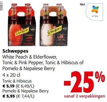 Promotions Schweppes white peach + elderflower, tonic + pink pepper, tonic + hibiscus of pomelo + nepalese berry - Schweppes - Valide de 24/04/2024 à 07/05/2024 chez Colruyt