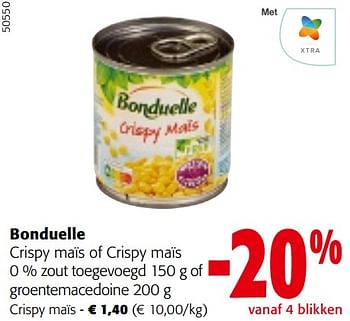 Promotions Bonduelle crispy maïs of crispy maïs 0 % zout toegevoegd of groentemacedoine - Bonduelle - Valide de 24/04/2024 à 07/05/2024 chez Colruyt