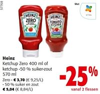 Promoties Heinz ketchup zero of ketchup -50 % suiker-zout - Heinz - Geldig van 24/04/2024 tot 07/05/2024 bij Colruyt