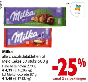 Promotions Milka alle chocoladetabletten of melo cakes - Milka - Valide de 24/04/2024 à 07/05/2024 chez Colruyt