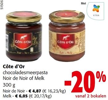 Promotions Côte d’or chocoladesmeerpasta noir de noir of melk - Cote D'Or - Valide de 24/04/2024 à 07/05/2024 chez Colruyt