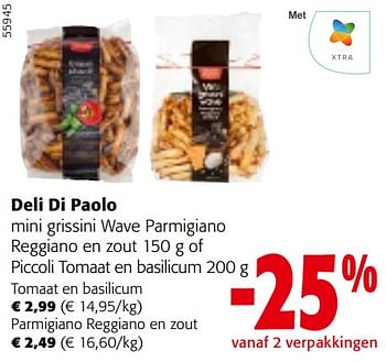 Promotions Deli di paolo mini grissini wave parmigiano reggiano en zout of piccoli tomaat en basilicum - Deli Di Paolo - Valide de 24/04/2024 à 07/05/2024 chez Colruyt
