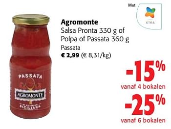 Promotions Agromonte salsa pronta of polpa of passata - Agromonte - Valide de 24/04/2024 à 07/05/2024 chez Colruyt