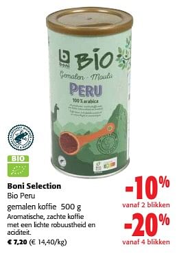 Promotions Boni selection bio peru gemalen koffie - Boni - Valide de 24/04/2024 à 07/05/2024 chez Colruyt