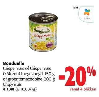 Promotions Bonduelle crispy maïs of crispy maïs 0 % zout toegevoegd of groentemacedoine - Bonduelle - Valide de 24/04/2024 à 07/05/2024 chez Colruyt