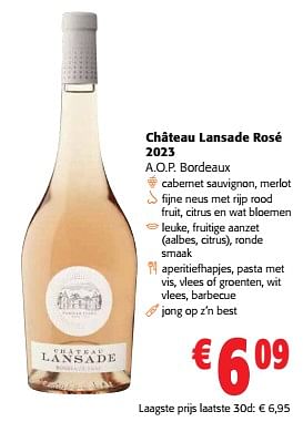 Promotions Château lansade rosé 2023 a.o.p. bordeaux - Vins rosé - Valide de 24/04/2024 à 07/05/2024 chez Colruyt