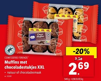Promotions Muffins met chocoladestukjes xxl - Confiserie Firenze - Valide de 02/05/2024 à 07/05/2024 chez Lidl