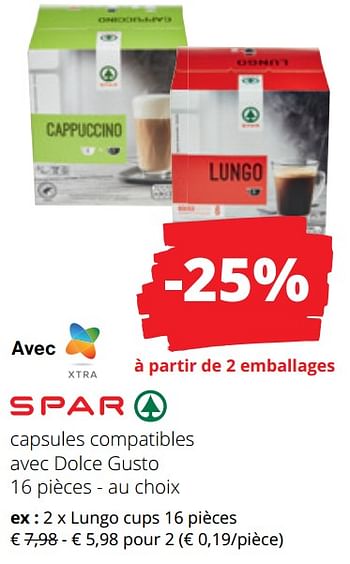 Promoties Capsules compatibles avec dolce gusto lungo cups - Spar - Geldig van 25/04/2024 tot 08/05/2024 bij Spar (Colruytgroup)