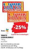 Promotions Chocolat au lait avec caramel + sea salt - Tony's Chocolonely - Valide de 25/04/2024 à 08/05/2024 chez Spar (Colruytgroup)