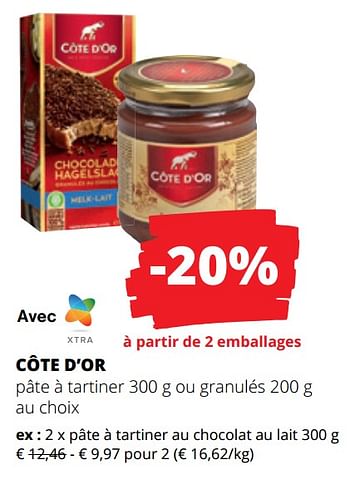 Promoties Pâte à tartiner au chocolat au lait - Cote D'Or - Geldig van 25/04/2024 tot 08/05/2024 bij Spar (Colruytgroup)