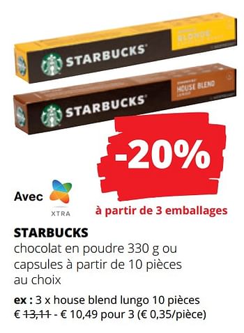 Promoties Starbucks chocolat en poudre ou capsules house blend lungo - Starbucks - Geldig van 25/04/2024 tot 08/05/2024 bij Spar (Colruytgroup)