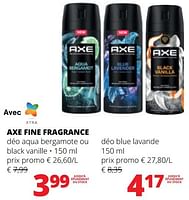 Promotions Axe fine fragrance déo aqua bergamote ou black vanille - Axe - Valide de 25/04/2024 à 08/05/2024 chez Spar (Colruytgroup)