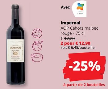 Promoties Impernal aop cahors malbec rouge - Rode wijnen - Geldig van 25/04/2024 tot 08/05/2024 bij Spar (Colruytgroup)