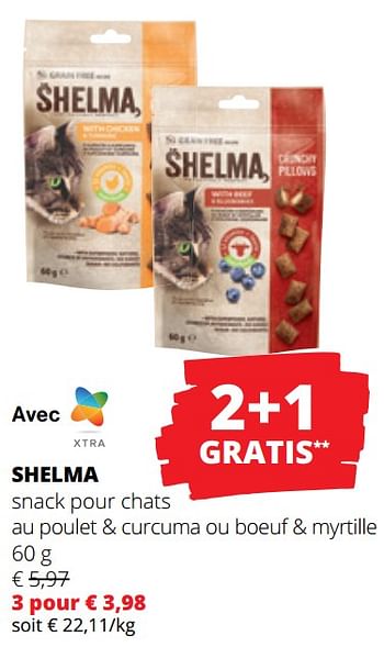 Promoties Shelma snack pour chats au poulet + curcuma ou boeuf + myrtille - Shelma - Geldig van 25/04/2024 tot 08/05/2024 bij Spar (Colruytgroup)