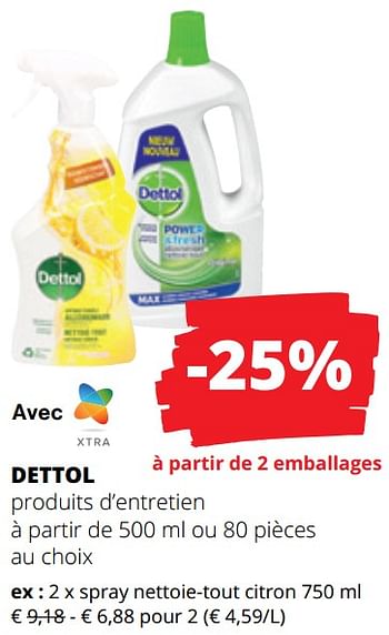Promoties Spray nettoie-tout citron - Dettol - Geldig van 25/04/2024 tot 08/05/2024 bij Spar (Colruytgroup)
