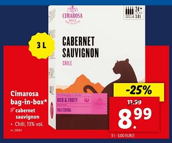 Promotions Cimarosa bag-in-box cabernet sauvignon - Vins rouges - Valide de 02/05/2024 à 07/05/2024 chez Lidl