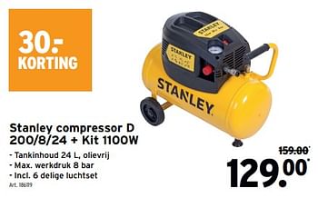 Promotions Stanley compressor d 200-8-24 + kit 1100w - Stanley - Valide de 24/04/2024 à 30/04/2024 chez Gamma