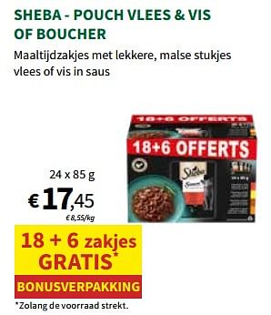 Promoties Sheba pouch vlees + vis of boucher - Sheba - Geldig van 24/04/2024 tot 05/05/2024 bij Horta