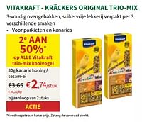 Promoties Vitakraft kräckers original trio mix kanarie honing sesam ei - Vitakraft - Geldig van 24/04/2024 tot 05/05/2024 bij Horta