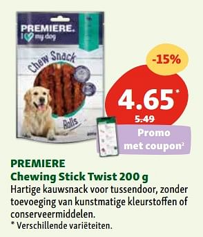 Promoties Premiere chewing stick twist - Premiere - Geldig van 30/04/2024 tot 06/05/2024 bij Maxi Zoo