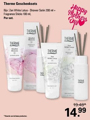 Promotions Geschenksets zen white lotus shower satin + fragrance sticks - Therme - Valide de 24/04/2024 à 11/05/2024 chez De Online Drogist