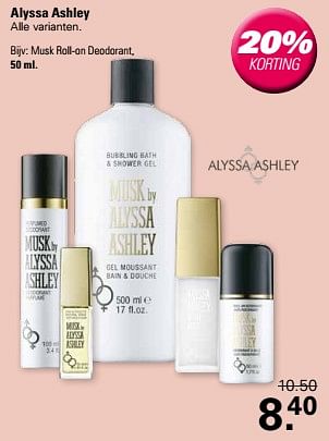 Promotions Musk roll on deodorant - Alyssa Ashley - Valide de 24/04/2024 à 11/05/2024 chez De Online Drogist