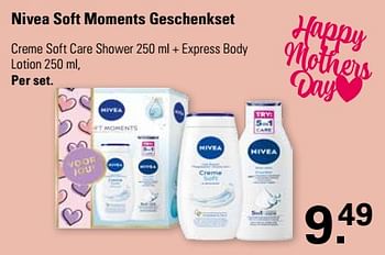 Promotions Soft moments geschenkset creme soft care shower + express body lotion - Nivea - Valide de 24/04/2024 à 11/05/2024 chez De Online Drogist