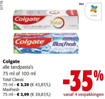 Promoties Colgate alle tandpasta’s - Colgate - Geldig van 24/04/2024 tot 07/05/2024 bij Colruyt