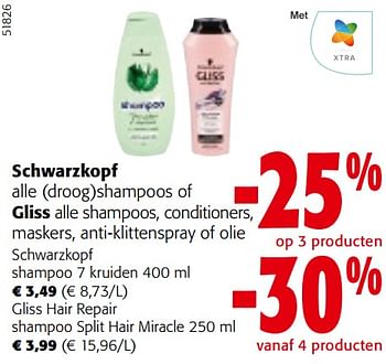 Promoties Schwarzkopf alle droog shampoos of gliss alle shampoos, conditioners, maskers, anti-klittenspray of olie - Huismerk - Colruyt - Geldig van 24/04/2024 tot 07/05/2024 bij Colruyt