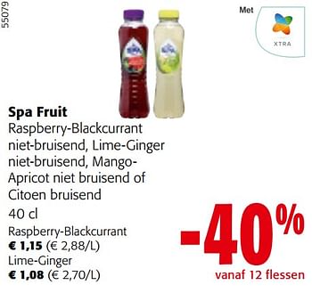 Promotions Spa fruit raspberry-blackcurrant niet-bruisend, lime-ginger niet-bruisend, mangoapricot niet bruisend of citoen bruisend - Spa - Valide de 24/04/2024 à 07/05/2024 chez Colruyt