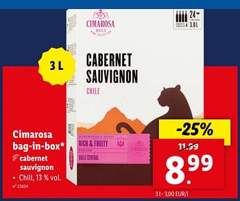 Promoties Cimarosa bag-in-box cabernet sauvignon - Rode wijnen - Geldig van 02/05/2024 tot 07/05/2024 bij Lidl