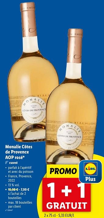 Promotions Monalie côtes de provence aop rosé - Vins rosé - Valide de 02/05/2024 à 07/05/2024 chez Lidl