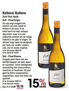 Promotions Kellerei kaltern zuid-tirol soll pinot grigio - Vins blancs - Valide de 25/04/2024 à 13/05/2024 chez Sligro