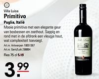 Promoties Villa luisa primitivo puglia - Rode wijnen - Geldig van 25/04/2024 tot 13/05/2024 bij Sligro