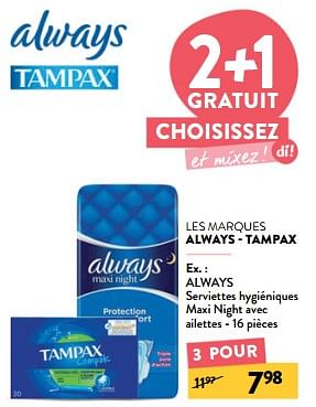 Promoties Always serviettes hygiéniques maxi night avec ailettes - Always - Geldig van 24/04/2024 tot 07/05/2024 bij DI