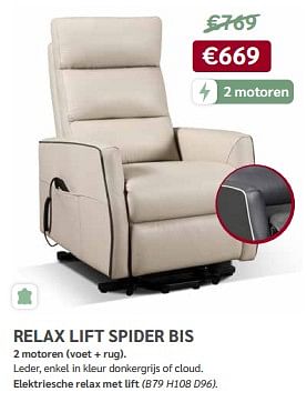 Promoties Relax lift spider bis - Huismerk - Meubelen Crack - Geldig van 03/04/2024 tot 05/05/2024 bij Meubelen Crack