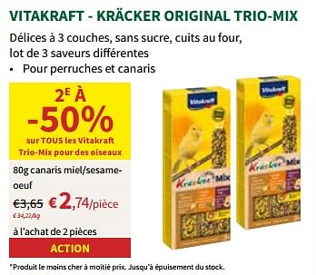 Promotions Vitakraft - kräcker original trio-mix canaris miel-sesameoeuf - Vitakraft - Valide de 24/04/2024 à 05/05/2024 chez Horta