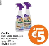 Promotions Carolin multi-usage dégraissant fraîcheur provence spray - Carolin - Valide de 24/04/2024 à 07/05/2024 chez Colruyt