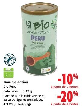 Promotions Boni selection bio peru café moul - Boni - Valide de 24/04/2024 à 07/05/2024 chez Colruyt