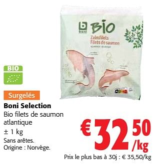 Promotions Boni selection bio filets de saumon atlantique - Boni - Valide de 24/04/2024 à 07/05/2024 chez Colruyt