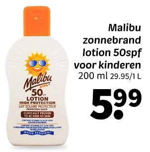 Promotions Malibu zonnebrand lotion 50 spf voor kinderen - Malibu - Valide de 25/04/2024 à 09/05/2024 chez Wibra
