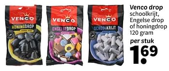 Promoties Venco drop schoolkrijt engelse drop of honingdrop - Venco - Geldig van 25/04/2024 tot 09/05/2024 bij Wibra