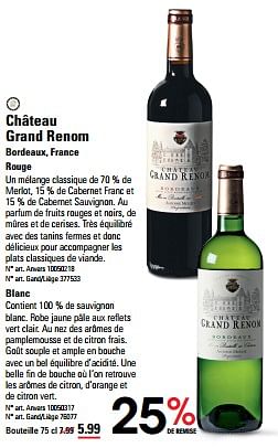Promoties Château grand renom bordeaux, france rouge - Rode wijnen - Geldig van 25/04/2024 tot 13/05/2024 bij Sligro