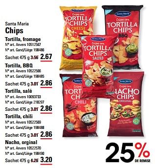 Promoties Chips tortilla, fromage - Santa Maria - Geldig van 25/04/2024 tot 13/05/2024 bij Sligro