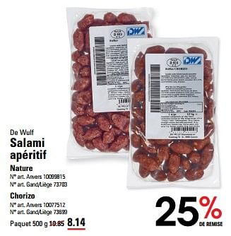Promotions De wulf salami apéritif nature - De Wulf - Valide de 25/04/2024 à 13/05/2024 chez Sligro
