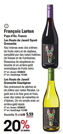 Promoties François lurton pays d’oc, france les hauts de janeil syrah grenache - Rode wijnen - Geldig van 25/04/2024 tot 13/05/2024 bij Sligro