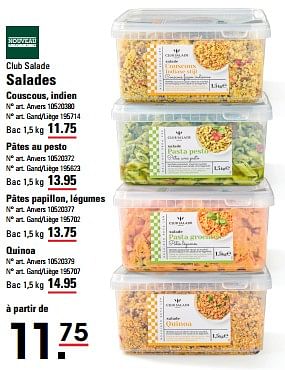 Promoties Salades couscous, indien - Club Salade - Geldig van 25/04/2024 tot 13/05/2024 bij Sligro