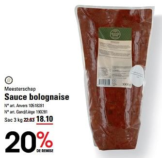 Promotions Sauce bolognaise - Meesterschap - Valide de 25/04/2024 à 13/05/2024 chez Sligro
